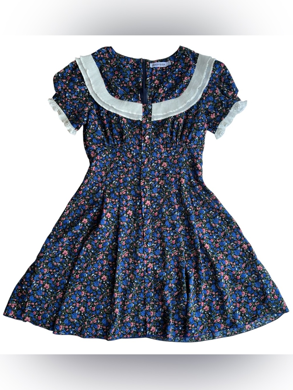 Floral Fit & Flare Dress Blue Pink Ruffle Sailor Collar Puff Sleeve Twee 4/6